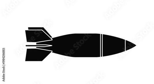 A simple black silhouette of an aerial bomb with fins and a pointed nose