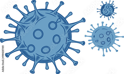 Illustration of blue coronavirus particles with prominent spike proteins on a white background