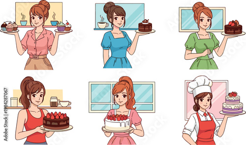 Woman baking and serving cakes character set with different poses holding desserts and pastries isolated vector illustration