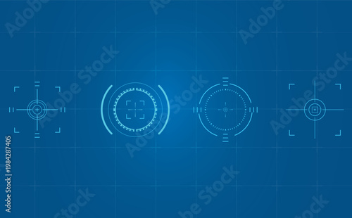 Futuristic crosshair and target reticle designs on a blue digital grid background, representing precision and aiming in technology and gaming interfaces