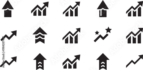 Black and white business growth chart icons set