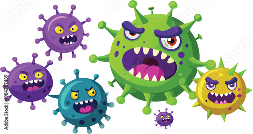 Colorful cartoon virus characters with angry faces and sharp teeth on a white background