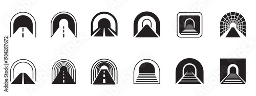 Road and Bridge Tunnel Symbol Set in Multi-Style Vectors, modern transport icons bundle, highway bridge tunnel signage symbols, vector design isolated set