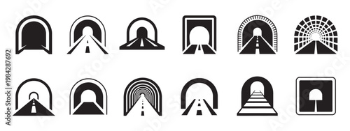Road and Bridge Tunnel Symbol Set in Multi-Style Vectors, transport infrastructure icons collection, highway bridge tunnel signage design isolated