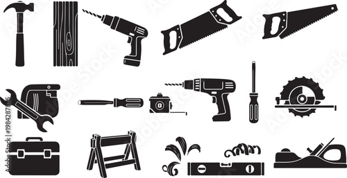 Collection of various construction and carpentry tools icons