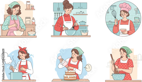 Women baking and cooking in kitchen scenes with mixing decorating and preparing desserts isolated vector illustration set for home cooking
