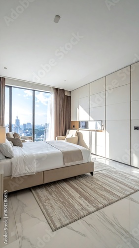 Sunlit bedroom with city view. Marble floors, tan hues, soft textiles, modern design
