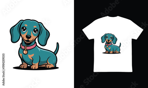 Cute teal dachshund puppy with floppy ears and pink collar, playful cartoon illustration for dog lovers.