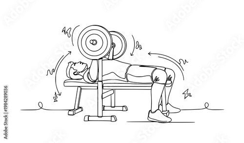 Continuous one line drawing of young man doing bench press workout in gym fitness training concept