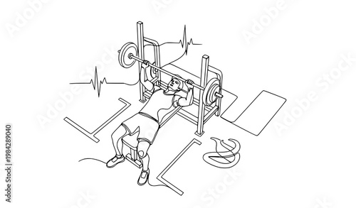 Single line art of athletic man lifting barbell on bench press with fitness endurance and strength concept