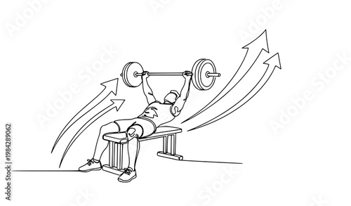 Continuous line drawing of young athlete completing bench press lift with strength and fitness progress concept