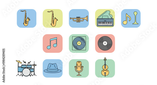 flat jazz icon set vector, 9 icons in rounded square containers, saxophone trumpet piano notes vinyl, pastel color palette, minimal clean UI design