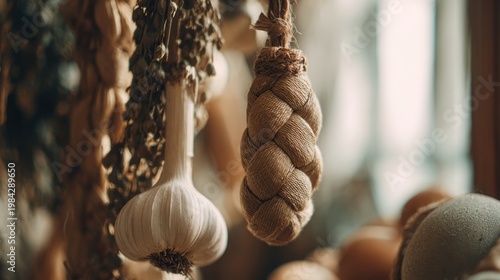 Close-up of Braided Garlic and Hanging Onions, Rustic Harvest Display