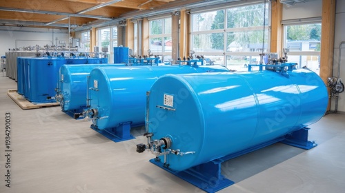 Row of large, industrial blue tanks for water storage and processing within a clean, modern facility