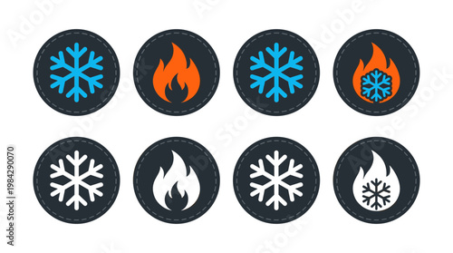HVAC climate control icons, set of 8 vector temperature symbols, blue snowflake and orange fire flame badges, heating and cooling system UI elements