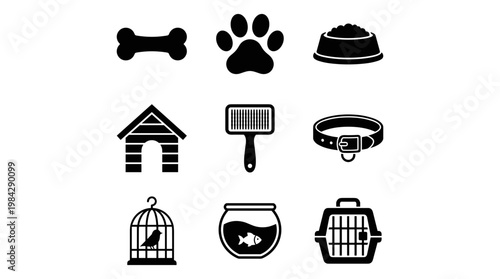 Pet shop icons set, black silhouette domestic animal care symbols, collection of 9 vector elements for veterinary and pet store branding