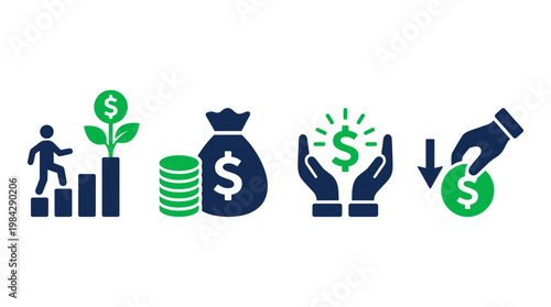 Financial growth and investment icon set, money management and profit symbols, business success and wealth accumulation vector elements