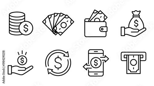 Minimalist money line icon set, 8 financial currency vector elements, banking and payment symbols for mobile apps and web design
