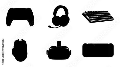 Gaming hardware silhouette icons, set of 6 video game equipment vectors, black gaming accessories including headset, controller, and VR goggles