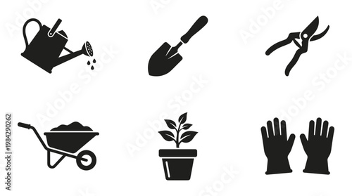 Gardening tool icons set, black silhouette garden equipment collection, 6 vector elements for horticulture and landscaping projects