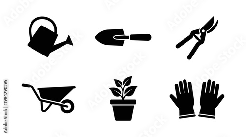 Gardening tool icon set with 6 black vector elements, garden equipment silhouettes for landscaping, watering can and wheelbarrow symbols for horticulture
