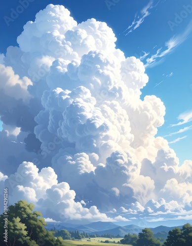 Large, fluffy, cumulus cloud towers over a field, against a bright blue sky