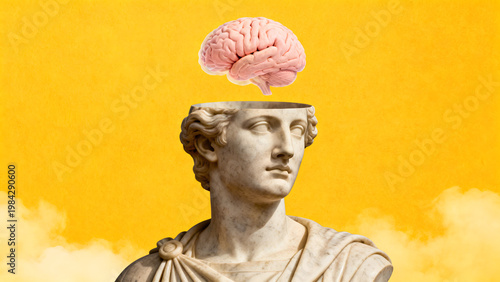 Surreal collage of a classical bust with a floating brain on a yellow background
