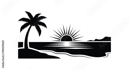 A tranquil tropical scene depicts a palm tree and vibrant sunset over the ocean rendered as a striking silhouette high quality professional detailed modern