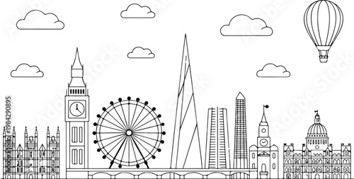 Tableau sur toile Minimalist London skyline line art illustration featuring Big Ben London Eye Ghe