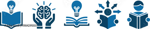 Minimalist blue icon set of knowledge and innovation with brain hands book lightbulb and directional arrows in horizontal layout