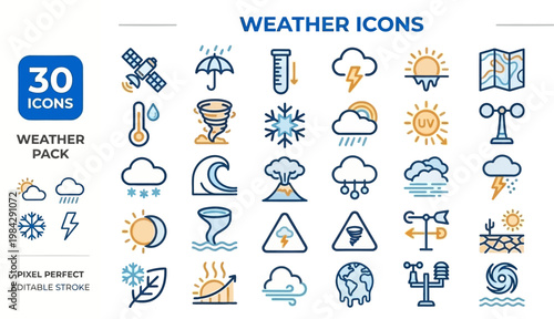 Bilde på lerret Natural disaster storm warning hazard emergency color outline vector icons