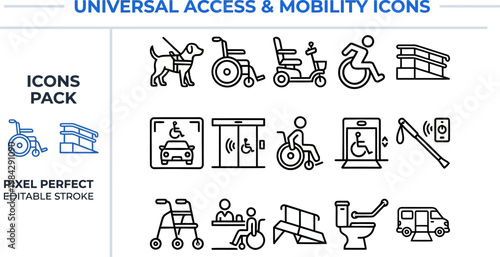 Universal access disability mobility wheelchair line vector icon set