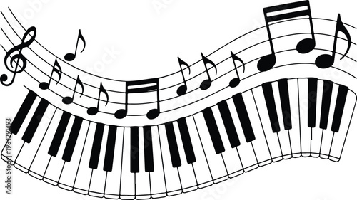 Minimalist black and white illustration of piano keyboard with flowing musical notes rising upward in dynamic curved composition