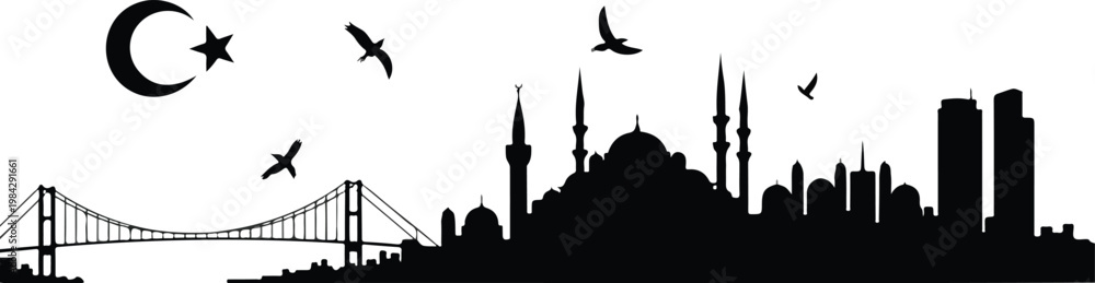 Obraz premium Minimalist black and white Istanbul skyline silhouette featuring Blue Mosque domes minarets and Bosphorus Bridge with flying birds composition