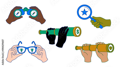 Collection of diverse professional hands holding binoculars, telescopes, magnifying glass and vision tools with business icons, concept for strategic planning, market research and forecasting