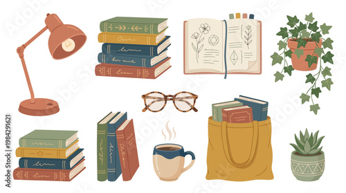 Set of aesthetic reading elements including stacks of vintage books, desk lamp, glasses, coffee mug and potted plants, concept for cozy education, bookstore promotion and library branding