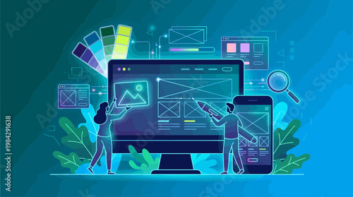Front-end developers and UI designers collaborating on website interface and mobile app layouts with color palettes, concept for software development, creative agency and digital marketing