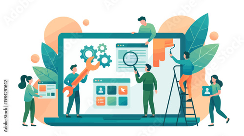 Group of professional web developers and UI designers collaborating on a giant laptop to build website interface, concept for software engineering, digital marketing and project management