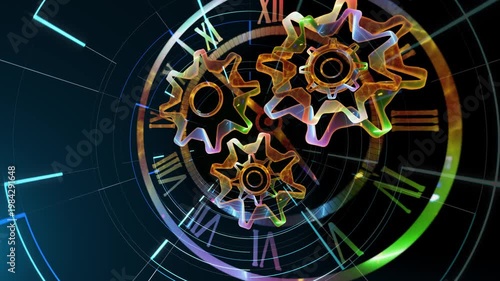 A surreal cosmic clock with rotating gears floats within a glowing galaxy, symbolizing the infinite flow of time, universal motion, and the connection between mechanics and the cosmos.
