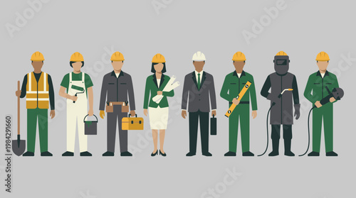 Diverse industrial workforce of professional builders, engineers and site managers standing together in safety gear, concept for construction recruitment, industrial teamwork and career development