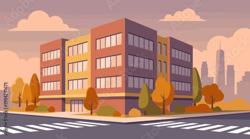 Flat vector illustration of a modern multi-story office building on a city street corner with autumn trees and skyscrapers background, concept for urban real estate, commercial property rental