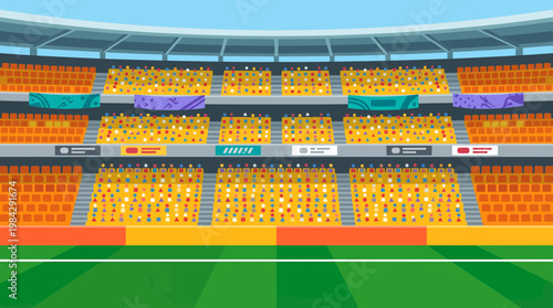 Modern flat vector illustration of a massive sports stadium with rows of spectators and a green soccer field, concept for athletic competition events, tournament background and champion celebration