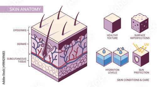 Skin anatomy diagram showing layers epidermis dermis and subcutaneous tissue with hair follicles, concept for dermatology education, skincare product marketing and medical infographics
