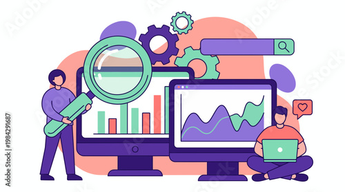 Professional data analysts monitoring growth charts and search engine optimization on digital screens, concept for business analytics, digital marketing strategy and financial growth report
