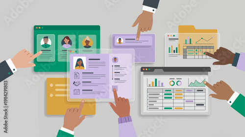 Human resources managers and recruitment specialists hands pointing at candidate profiles and data dashboards, concept for talent acquisition, workforce management and hiring strategy