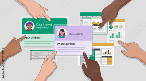 Diversified hands of professional data analysts and UX researchers pointing at digital interface dashboard and statistics, concept for software development, team collaboration and project management