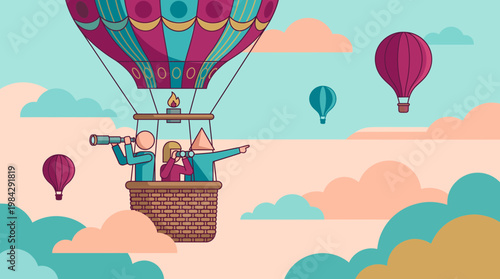 Business strategists and executive managers in a colorful hot air balloon looking through binoculars above clouds, concept for corporate vision, future business goals and strategic leadership