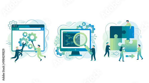 Professional software developers fixing browser gears, inspecting code with magnifying glass and building puzzle, concept for website optimization, programming and project management