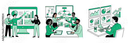 Diverse financial analysts and project managers analyzing data charts and dashboards on computer screens, concept for business intelligence, data analytics and professional teamwork