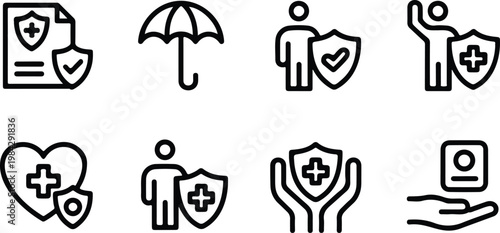 Minimalist black and white healthcare protection icon set with eight safety symbols arranged in clean 2x4 grid composition